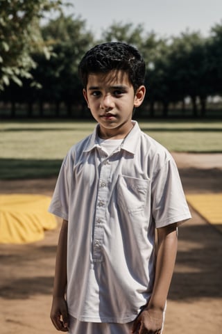 Muslim Kid boy, with a white shirt, he squares hand, standing, outdoor, complementary color grading, commercial photography, commercial lighting, photography, realistic