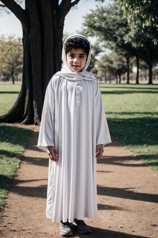 Muslim Kid boy, with a white abaya, he squares hand, standing, in the park, complementary color grading, commercial photography, commercial lighting, photography, realistic