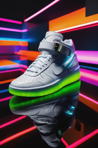 A futuristic sneaker, predominantly white in color, with vibrant ultra fluorescent neon-like lights emanating from its sole and side. Hans Darias AI. The shoe features a prominent Nike logo, a high ankle strap with a unique buckle design, and perforated details on the side. The background is dark, emphasizing the glowing elements of the shoe, which casts a spectrum of colors on the reflective surface below.