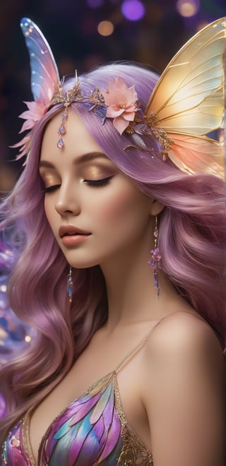 A close-up image of a fairy-like figure with ethereal beauty wearing a whimsical hat, bathed in a gentle glow. The fairy has their eyes closed, showing a serene expression, and their hair blends into an intricate wing structure that outlines their profile. The wings are adorned with a tapestry of feathers, transitioning from pastel to vibrant hues of purples, pinks, and golds. Each feather is detailed, achieving a texture that is both realistic and otherworldly. Light dots and small butterfly motifs are scattered across the wings and background, creating a magical dust or bokeh effect.