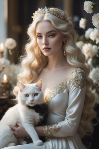 A serene tableau unfolds: a statuesque woman with radiant, snow-white locks cascading down her back, cradles a gleaming white cat adorned with gemstones. Against a pristine backdrop of stark whiteness, the room is aglow with soft, black-and-white hues. Delicate white flowers dance across the floor, as if carried on an ethereal breeze. Her porcelain skin glows against curly, golden locks, like a gentle sunrise. The camera frames her majestically, casting a spotlight on this otherworldly beauty, an elven top model transformed into a human-cat hybrid, radiating an aura of mystique and elegance.