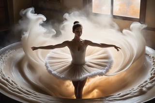 In a dimly lit, smoky room, a delicate ballerina emerges from a whirlpool of creamy coffee foam, her tutu-like skirt wisping outwards as she rises. Artistic brushstrokes adorn the interior of a nearby coffee cup, its rim tracing a circular border around the scene. From above, the viewer gazes upon this whimsical tableau, surrounded by a haze of smoke and scattered coffee beans.