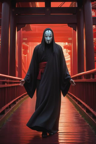High-energy portrait of No-Face/Kaonashi on a crimson bridge from Spirited Away. Framed in a tight shot, No-Face's imposing figure dominates the composition, standing with legs spread wide and arms outstretched like a dark angel. Harsh red lighting casts an eerie glow, emphasizing his unsettling features. In the style of raw anime, ultra-realistic textures bring forth every detail - from the intricate design on his mask to the subtle sheen on his skin. Pose: powerful, imposing, 1000% stylized, 1:1 aspect ratio, capturing No-Face's otherworldly presence.