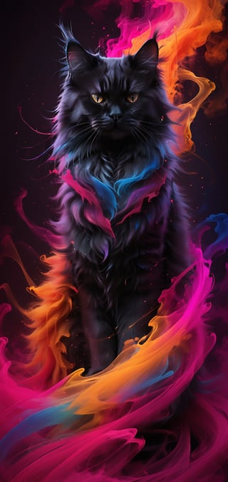 Multicolored streaks of paint blend together to form the perfect silhouette of a colorful British longhair, while mysterious neon light particles shine against a smooth, abstract, glitch, wlop gradient smoke background , trending on artstation, sharp focus, studio shots, intricate details, highly detailed, vivid colors, high octane rendering, (photorealistic:1.3), highest quality, details detailed and complex, original photo