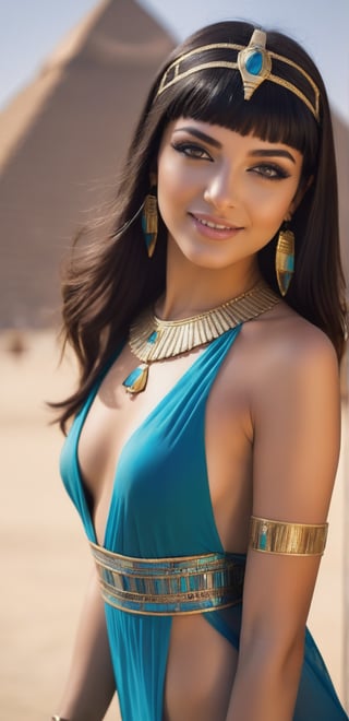 a 25 yo girl, Egyptian princess, cleopatra, bobcut bangs, lustful eyes and smile, egyptian eye makeup, slim body, looking at viewer, bright blue eyes, small breasts, blurred desaturated bokeh background, dark theme, soothing tones, muted colors, high contrast, (natural skin texture, hyperrealism, soft light, sharp), (2/3 shot) artistic photoshoot, looking at viewer, wearing ancient egyptian jewelry, wearing a revealing ancient egyptian transparent dress, the dress is a split thigh dress, the dress is a low cut, breast cut out dress, wearing a ancient egyptian armlet diadem necklace and earrings, cleavage, sexy pose, desert pyramids background