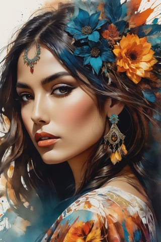 A mesmerizing, high-contrast cinematic portrait of an enchanting and elegant gypsy woman, adorned in a vibrant and intricately detailed lace dress. The artwork masterfully blends elements of ink drawing, watercolor, and scribbeling, and features sharp focus and smooth transitions. The composition highlights her long, flowing dark hair and piercing brown eyes, while the overall atmosphere is bathed in the warm glow of the sun. The artistic collaboration of Carne Griffiths, Wadim Kashim, Carl Larsson, Pascal Blanche, and TMann brings together graphic prints, ink elements, and typography to create a fantastical and mysterious world. The combination of conceptual art, fashion, cinematic elements, painting, architecture, and 3D renderings transports the viewer to a captivating realm of dark fantasy., conceptual art, graffiti, illustration, architecture, painting, typography, poster, vibrant, cinematic, ukiyo-e, dark fantasy, fashion, 3d render, photo, portrait photography