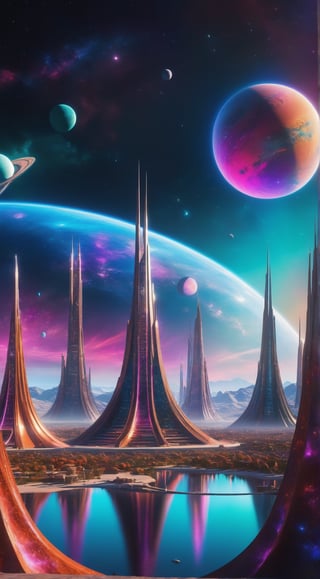 A captivating 3D rendering of an alien world, set in a distant time and place within the vast cosmos. The cityscape is an architectural marvel, featuring towering, bioluminescent structures that emit a dazzling array of colors. The dominant species, with their unique fashion sense, stands proudly amidst this breathtaking landscape. The depth of field adds a dreamlike quality, while the strange colors create an alien atmosphere that captivates the viewer. This photo of an unknown civilization truly showcases the wonders and mysteries of the universe., 3d render, architecture, photo, fashion