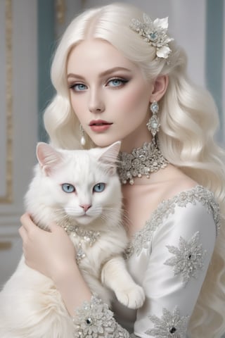 a woman with white hair holding a white cat, inspired by Ray Caesar, covered in jewels, very long snow colored hair, in a white room, black and white colors, white flowers, girl with a pearl earringl, very beautiful elven top model, human cat hybrid, pale skin curly blond hair, black and white coloring