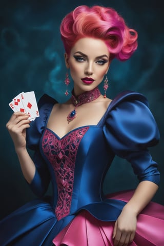 An enchanting illustration of a female magician with vibrant pink hair, gracefully posed in a ballet-like stance. She holds a playing card in one hand, ready to astonish her audience with a magical trick. Her dress is a mesmerizing creation, composed entirely of playing cards showcasing various symbols and suits. The background is a rich, deep blue, providing a striking contrast against the multicolored cards and her bright pink attire. The overall atmosphere of the image exudes a surreal, mystical aura, as if she's a card magician or a performer in a fantastical realm.