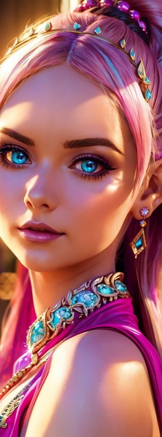 (masterpiece), (best quality), (ultra-detailed), Ultra detailed masterpiece best quality, masterpiece, high definition, beautiful female elven character portrait queen, colorful fantasy, detailed, realistic face, digital portrait, intricate detail, fiverr dnd character, wlop, stanley artgerm lau, ilya kuvshinov, artstation, hd, octane render, hyperrealism, fantasy creature, epic fantasy, pink dress, chocolate brown long curly hair in a ponytail, high ponytail, beautiful silk pink dress encrusted with jewels and diamonds, detailed jewelry, pale blue eyes,perfecteyes