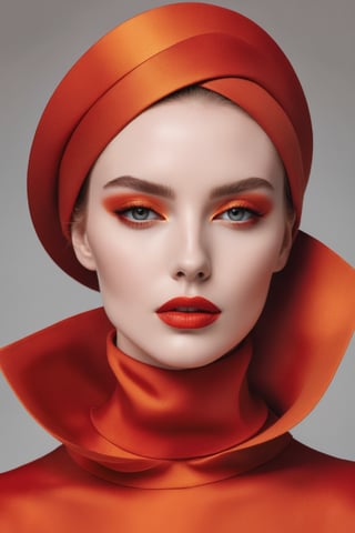 A high-end, portrait-style photograph of a fashion model, exuding elegance and mystery. She is captured in a minimalist, monochromatic color palette of vibrant red and orange hues. Her smooth, pale skin contrasts with the bold colors, making her striking features stand out. A wide bandage across her eyes adds an intriguing element, while she dons a stylish, streamlined hat and a high turtleneck collar that accentuates her neckline. The high-resolution image is perfect for luxury advertisements, showcasing the model's captivating presence and the fashionable elements of the ensemble., portrait photography