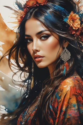 A mesmerizing, high-contrast cinematic portrait of an enchanting and elegant gypsy woman, adorned in a vibrant and intricately detailed lace dress. The artwork masterfully blends elements of ink drawing, watercolor, and scribbeling, and features sharp focus and smooth transitions. The composition highlights her long, flowing dark hair and piercing brown eyes, while the overall atmosphere is bathed in the warm glow of the sun. The artistic collaboration of Carne Griffiths, Wadim Kashim, Carl Larsson, Pascal Blanche, and TMann brings together graphic prints, ink elements, and typography to create a fantastical and mysterious world. The combination of conceptual art, fashion, cinematic elements, painting, architecture, and 3D renderings transports the viewer to a captivating realm of dark fantasy., conceptual art, graffiti, illustration, architecture, painting, typography, poster, vibrant, cinematic, ukiyo-e, dark fantasy, fashion, 3d render, photo, portrait photography