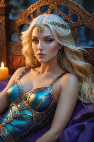 A majestic warrior-maiden reclines on an ornate Celtic wooden bed, surrounded by the soft glow of candles. Her striking features include long, flowing blonde and blue hair, aqua blue eyes that sparkle like gemstones. Intricate Celtic tattoos in shades of purple and orange adorn her skin. A dazzling array of jewelry and dragon-scale armor, shimmering with gold and silver hues, emphasizes her warrior prowess. The vibrant scene is set against a plush, striped blanket in autumnal oranges and creamy whites.