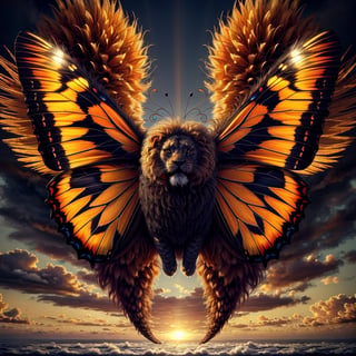 A hybrid of a butterfly and a lion: butterfly wings with a pattern resembling a lion's mane, and graceful movements combining the lightness of a butterfly with the power of a predatory lion.