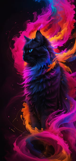 Multicolored streaks of paint blend together to form the perfect silhouette of a colorful British longhair, while mysterious neon light particles shine against a smooth, abstract, glitch, wlop gradient smoke background , trending on artstation, sharp focus, studio shots, intricate details, highly detailed, vivid colors, high octane rendering, (photorealistic:1.3), highest quality, details detailed and complex, original photo