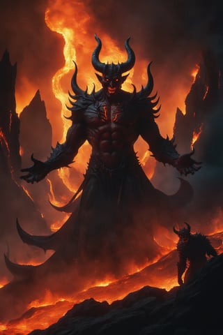 An extraordinary 3D dark fantasy illustration with a cinematic aesthetic, featuring the menacing, demonic figure of Satan standing in a fiery hellscape. His wicked grin is accentuated as he reaches out his hand towards a terrified figure, signifying their imminent doom. The background showcases twisted, towering structures of hell, with lava flows and tormented souls emitting screams of agony. The surrealistic style, with its strong color palette, lighting and shadows, contrasts, and saturation, creates a chilling atmosphere of eternal suffering and darkness., illustration, cinematic, dark fantasy, 3d render
