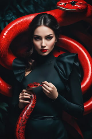 Soft-focused lighting casts an eerie glow on a young woman's enigmatic expression as she cradles a gargantuan red snake in her arms. Her body is encased in a flowing black dress, its silhouette eerily contrasted against the vibrant reptile. A bold stroke of lipstick adds a pop of color to her otherwise stoic features. The subject stands uniformly in a dimly lit, high-contrast environment, inviting the viewer into an unsettling yet alluring world where the boundaries between reality and fantasy blur.