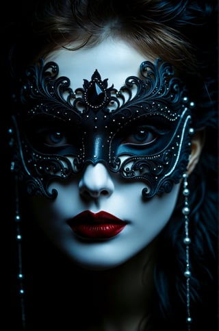 Dark Moody Atmosphere, (masterpiece), (best quality), (ultra-detailed), {A woman in a carnival mask}, disheveled hair, detailed eyes, perfect composition, moist skin, intricate details, earrings, dramatic, mysterious, dark moody atmosphere