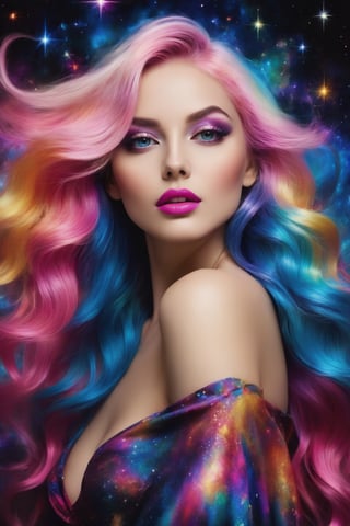 A striking and vibrant portrait of a woman with a mesmerizing, otherworldly allure. Her multi-colored hair, cascading down her back, seamlessly blends with an ethereal cosmic background of twinkling stars and swirling nebulae. Her face, illuminated by a kaleidoscope of colors including pink, blue, and yellow, stands in contrast to her fair skin. Her captivating eyes hold a hint of mystery, while her boldly painted pink lips accentuate her enchanting presence. The overall atmosphere of the image is surreal and dreamy, evoking a sense of dark fantasy and fashion.), dark fantasy, fashion, vibrant