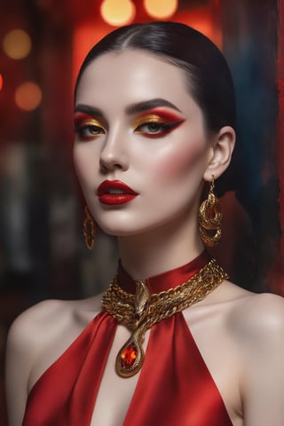 Against a bold, crimson backdrop, a striking woman stands out. Her porcelain-white skin serves as a canvas for vibrant features: fiery red eye makeup that seems to pulse with an inner intensity, and a snake tattoo slithering across her cheek like a whisper. Around her neck, gleaming gold chains glimmer, drawing attention to her statuesque presence. The camera's lens captures every detail in hyper-realistic clarity, as if the scene were frozen in time.