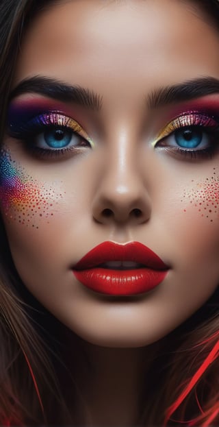 A young stunning model girl with intricate stippling, showcasing the artistic technique that uses small, isolated dots of colorful ink or paint. The dots create a detailed portrait, with varying densities to capture the light and shadow play beautifully. glitch screen, vfx, glowing retina, glwoing eyes, model face, cat_eye, red_lips, large_eyes,