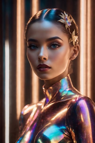 Captured in a close-up portrait, a woman exudes the elegance and sophistication of a holographic heiress, her features bathed in the soft glow of virtual glamour. Holographic projections dance around her face, casting a shimmering aura of opulence and luxury. There's a sense of timeless beauty in her expression, as if she's a living embodiment of grace and refinement in the digital age.