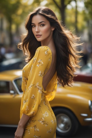 A stunning shot of the captivating Dutch beauty, standing confidently amidst a sunny day. She wears a thin yellow summer dress, its gentle billowing accentuated by the warm breeze. Her dark locks cascade down her back, framing her striking features as she poses with confidence. The bright light highlights her beautiful assets, showcasing detailed skin textures and sharp focus on Fujifilm XT3's 4K resolution. The image exudes high-quality film grain, reminiscent of analog photography, making it a true masterpiece in UHD 8K.