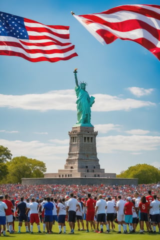 A captivating and surreal scene of people from diverse backgrounds united in excitement, gathering to watch a friendly soccer match. On the field, the legendary Christiano Ronaldo and former President Donald Trump, both wearing team jerseys, are intensely chasing the ball with passion. The atmosphere is electrifying, with the crowd passionately cheering, waving American and Portuguese flags, and showing their support. Iconic American landmarks, such as the Statue of Liberty and the White House, grace the distant skyline, adding a patriotic charm to the lively and vibrant scene.