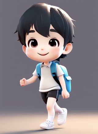 3d cartoon,  a cute chibi loli boy smiling in an 8K resolution. black hair,  short_pants,  (((white))) socks,  white sneakers,  backpack,  walking