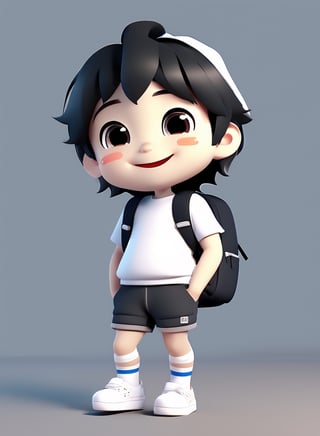 3d cartoon,  a cute chibi loli boy smiling in an 8K resolution. black hair,  short_pants,  (((white))) socks,  white sneakers,  backpack,