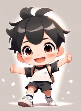 a cute chibi loli boy smiling in an 8K resolution. black hair,  short_pants,  white socks,  white sneakers,  backpack, hands up,