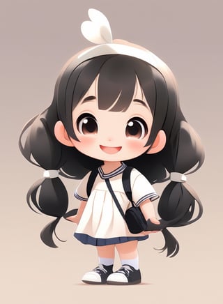 a cute chibi loli girl smiling in an 8K resolution. black hair,  toddlers dress,  (((white))) socks,  black pumps,  backpack,