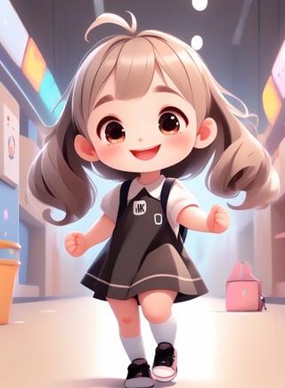 a cute chibi loli girl smiling in an 8K resolution, toddlers dress,  white socks, black pumps, backpack, hands up,