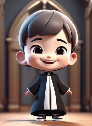 3d cartoon,  a cute chibi loli boy smiling in an 8K resolution. large cassock