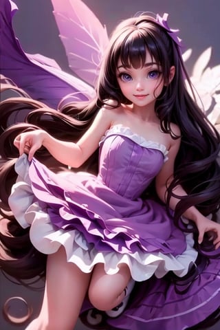 masterpiece, best quality, (TinkerWaifu:1) smiling, black hair, purple strapless dress, white tights, purple (lolita pumps), magic garden at night, sparks floating,TinkerWaifu