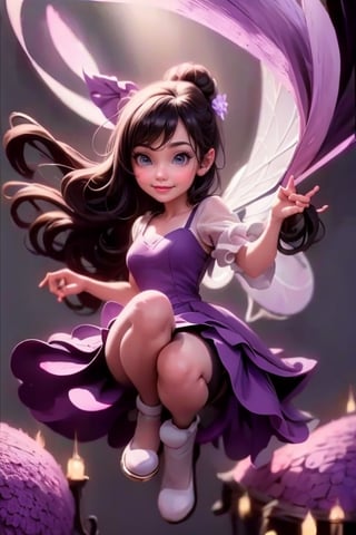 masterpiece, best quality, (TinkerWaifu:1) smiling, black hair, purple dress, white tights, purple pumps, magic garden at night, sparks floating