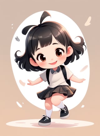 a cute chibi loli girl smiling in an 8K resolution. black hair,  toddlers dress,  white socks,  black pumps,  backpack, hands up,