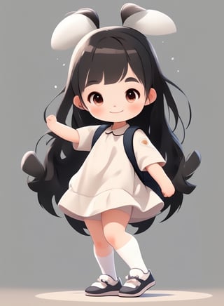 a cute chibi loli girl smiling in an 8K resolution. black hair,  toddlers dress,  (((white))) socks,  black pumps,  backpack,