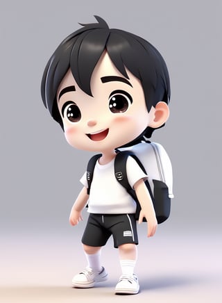3d cartoon,  a cute chibi loli boy smiling in an 8K resolution. black hair,  short_pants,  (((white))) socks,  white sneakers,  backpack,  walking
