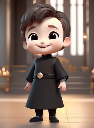 3d cartoon,  a cute chibi loli boy smiling in an 8K resolution. large cassock