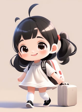 a cute chibi loli girl smiling in an 8K resolution. black hair,  toddlers dress,  (((white))) socks,  black pumps,  backpack,