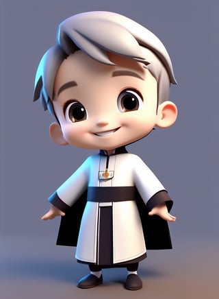 3d cartoon,  a cute chibi loli boy smiling in an 8K resolution. large cassock