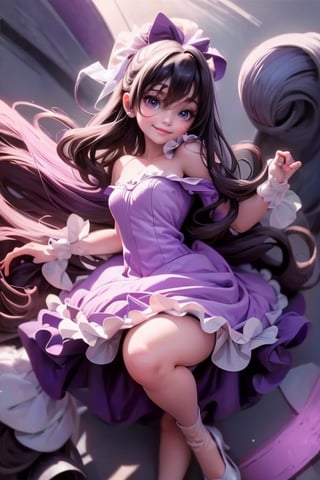 masterpiece, best quality, (TinkerWaifu:1) smiling, black hair, purple strapless dress, blue choke, white tights, purple (lolita pumps), magic garden at night, sparks floating,TinkerWaifu