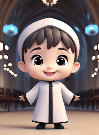 3d cartoon,  a cute chibi loli boy smiling in an 8K resolution. large cassock