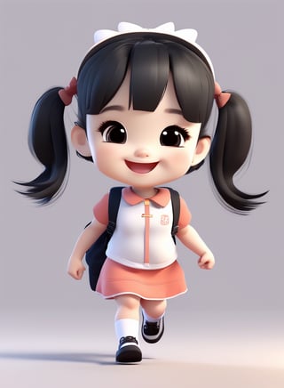 3d cartoon,  a cute chibi loli girl smiling in an 8K resolution. black hair,  toddlers dress,  (((white))) socks,  black pumps,  backpack,  walking