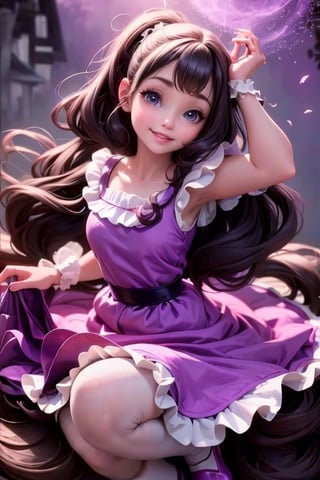 masterpiece, best quality, (TinkerWaifu:1) smiling, black hair, purple dress, white tights, purple (lolita pumps), magic garden at night, sparks floating,TinkerWaifu