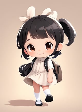 a cute chibi loli girl smiling in an 8K resolution. black hair,  toddlers dress,  white socks,  black pumps,  backpack,