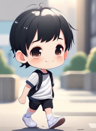 a cute chibi loli boy smiling in an 8K resolution. black hair, short_pants, (((white))) socks, white sneakers, walking