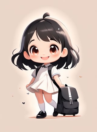 a cute chibi loli girl smiling in an 8K resolution. black hair,  toddlers dress,  white socks,  black pumps,  backpack,