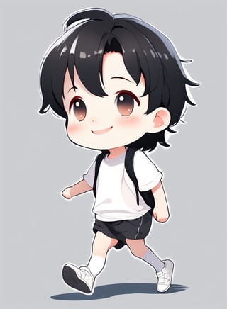 a cute chibi loli boy smiling in an 8K resolution. black hair, short_pants, (((white))) socks, white sneakers, walking